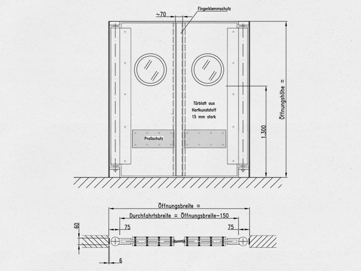 Prinzipzeichnung für Pendeltüren mit Türblättern aus Hartkunstoff oder formstabilen Kompaktplatten bis 2.800 mm x 2.800 mm